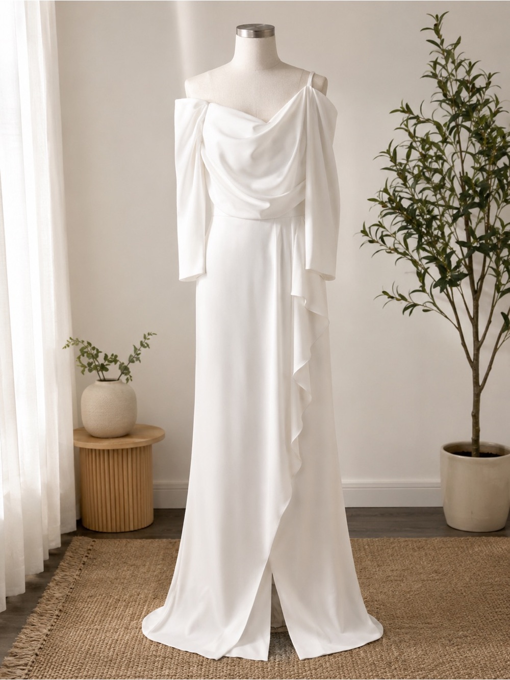 Adrianna Papell White Off-Shoulder Draped Ruffle Wedding Gown